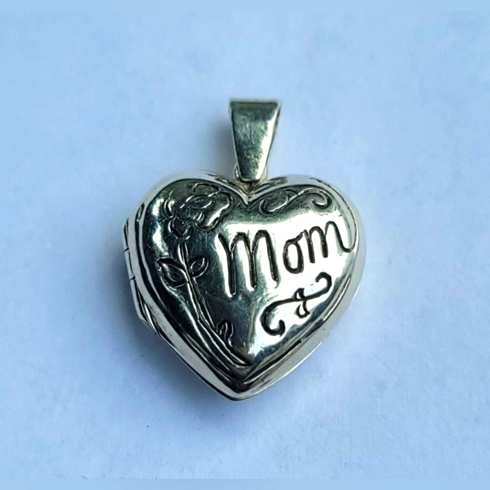Mom Puffy Heart Locket Sterling Silver  Pendant